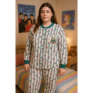 Vintage 80s Night Gear Sleepwear Women's‎ Pajamas Set Striped Bear Print Cotton